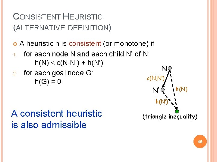 CONSISTENT HEURISTIC (ALTERNATIVE DEFINITION) A heuristic h is consistent (or monotone) if 1. for