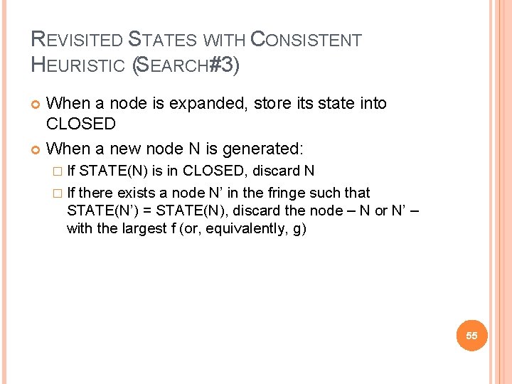 REVISITED STATES WITH CONSISTENT HEURISTIC (SEARCH#3) When a node is expanded, store its state