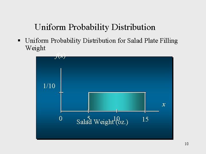 Uniform Probability Distribution § Uniform Probability Distribution for Salad Plate Filling Weight f(x) 1/10