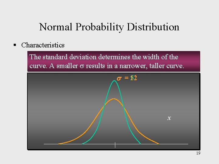 Normal Probability Distribution § Characteristics The standard deviation determines the width of the curve.