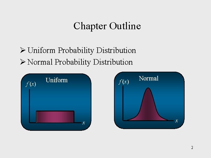 Chapter Outline Ø Uniform Probability Distribution Ø Normal Probability Distribution f (x) Uniform f