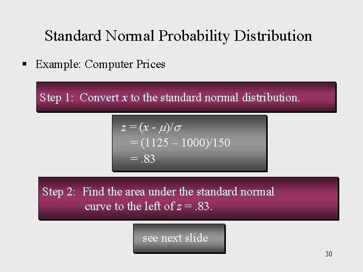 Standard Normal Probability Distribution § Example: Computer Prices Step 1: Convert x to the
