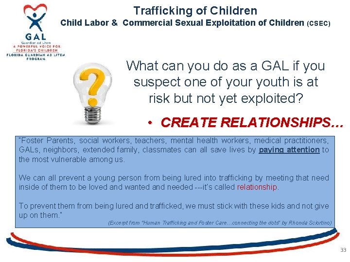 Trafficking of Children Child Labor & Commercial Sexual Exploitation of Children (CSEC) What can