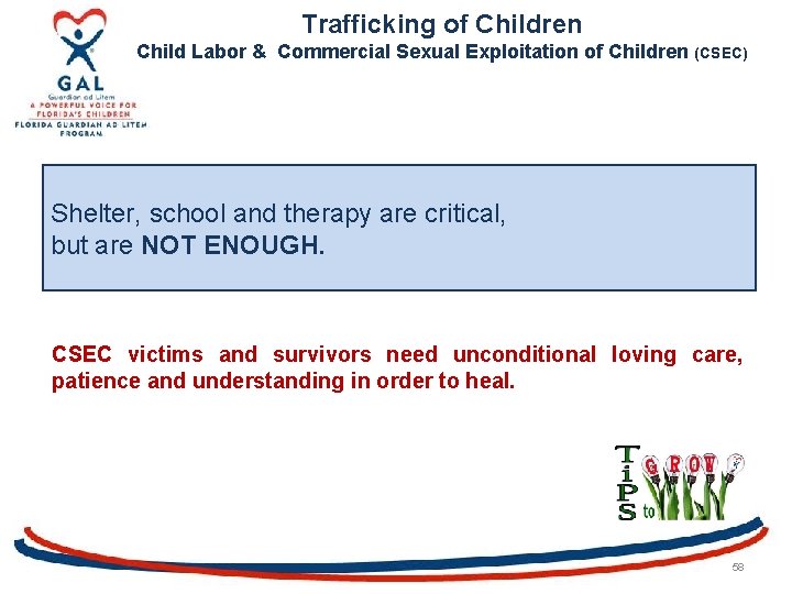 Trafficking of Children Child Labor & Commercial Sexual Exploitation of Children (CSEC) Shelter, school