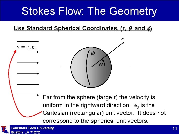 Stokes Flow: The Geometry Use Standard Spherical Coordinates, (r, , and ) Far from