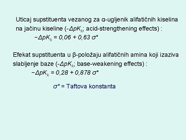 Uticaj supstituenta vezanog za α-ugljenik alifatičnih kiselina na jačinu kiseline (-Δp. Kk; acid-strengthening effects)