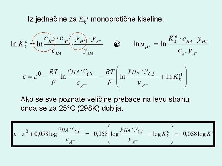 Iz jednačine za Kka monoprotične kiseline: : Ako se sve poznate veličine prebace na