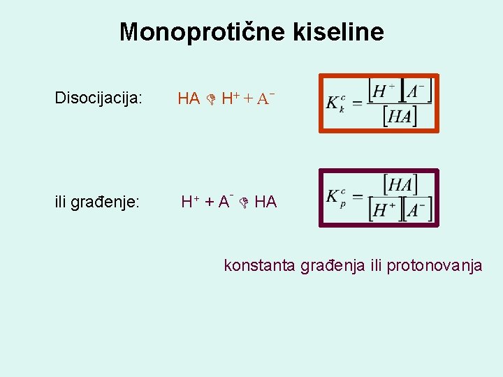 Monoprotične kiseline Disocija: HA H+ + Aˉ ili građenje: H+ + Aˉ HA konstanta