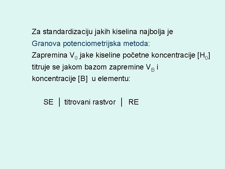 Za standardizaciju jakih kiselina najbolja je Granova potenciometrijska metoda: Zapremina V 0 jake kiseline