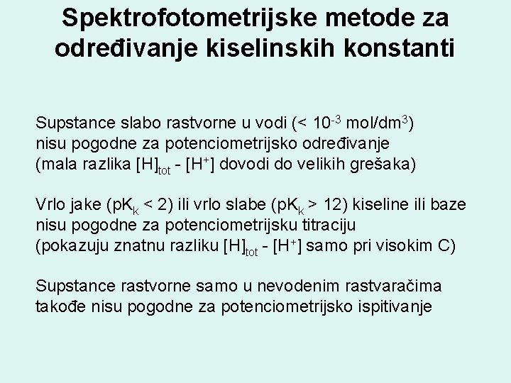 Spektrofotometrijske metode za određivanje kiselinskih konstanti Supstance slabo rastvorne u vodi (< 10 -3