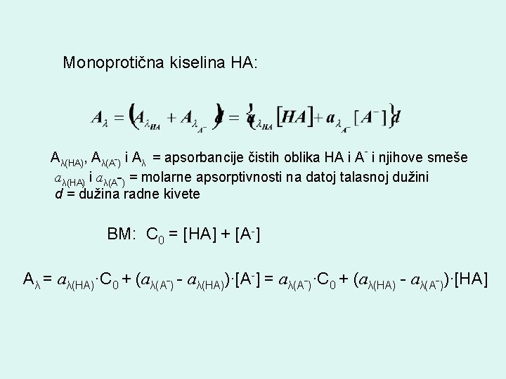 Monoprotična kiselina HA: Aλ(HA), Aλ(Aˉ) i Aλ = apsorbancije čistih oblika HA i Aˉ