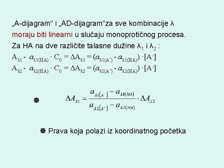 „A-dijagram“ i „AD-dijagram“za sve kombinacije λ moraju biti linearni u slučaju monoprotičnog procesa. Za