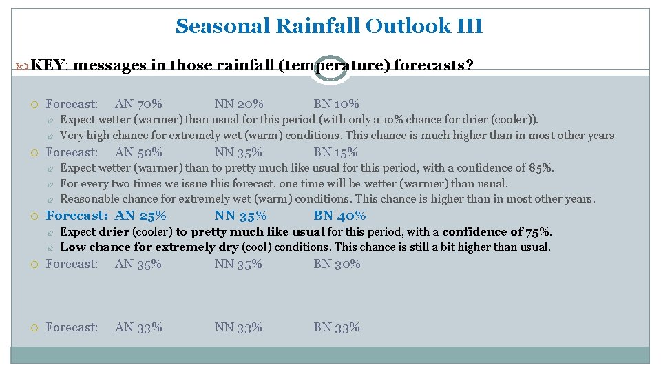 Seasonal Rainfall Outlook III KEY: messages in those rainfall (temperature) forecasts? Forecast: AN 50%