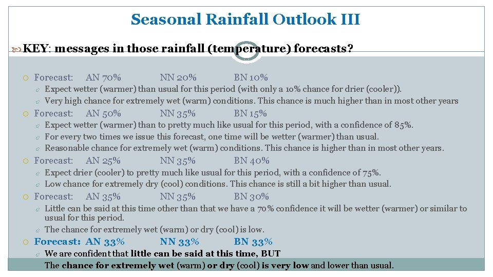 Seasonal Rainfall Outlook III KEY: messages in those rainfall (temperature) forecasts? Forecast: AN 50%