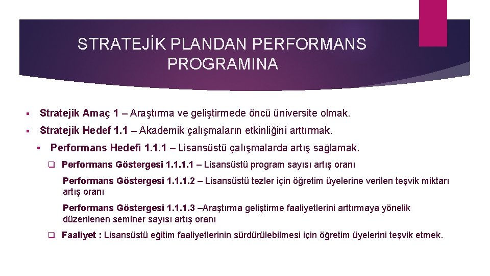 STRATEJİK PLANDAN PERFORMANS PROGRAMINA § Stratejik Amaç 1 – Araştırma ve geliştirmede öncü üniversite