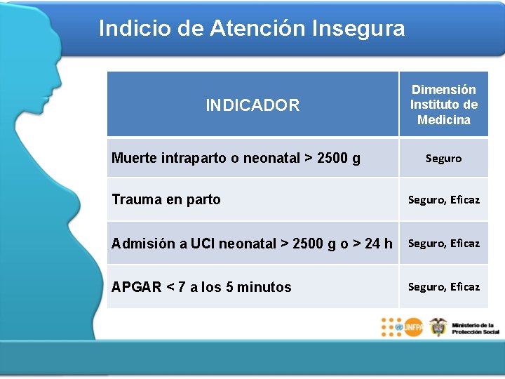 Indicio de Atención Insegura INDICADOR Muerte intraparto o neonatal > 2500 g Dimensión Instituto