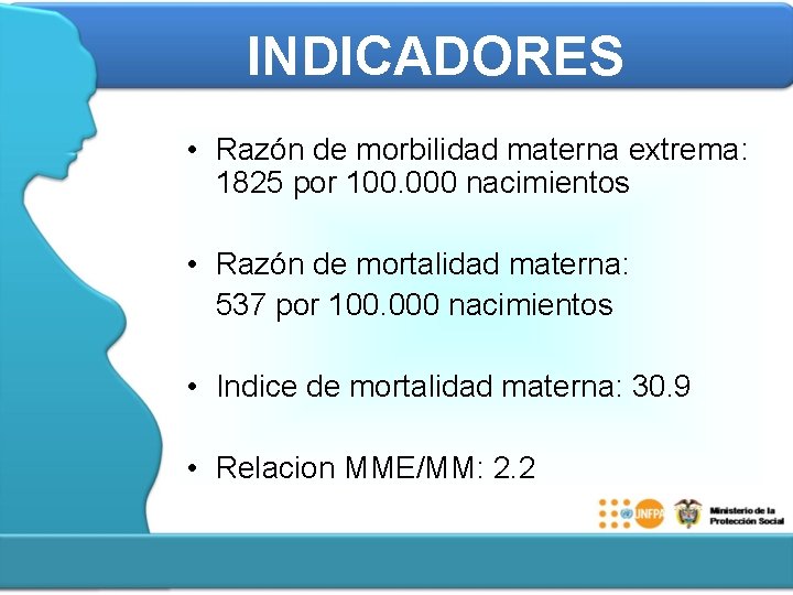 INDICADORES • Razón de morbilidad materna extrema: 1825 por 100. 000 nacimientos • Razón