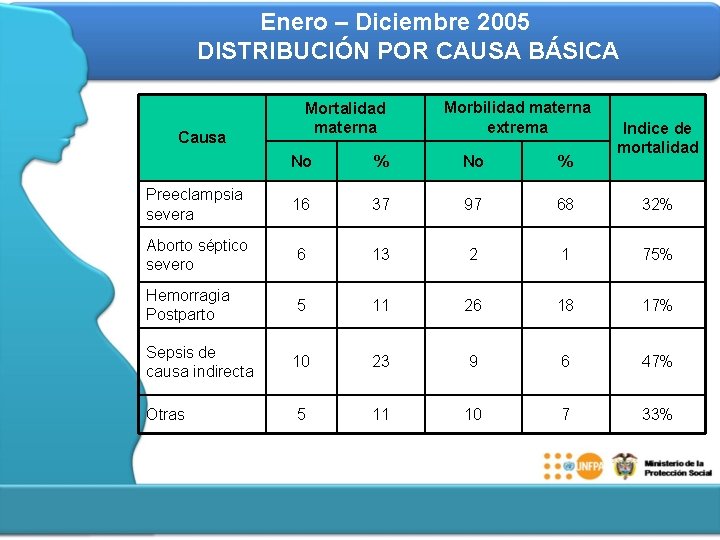 Enero – Diciembre 2005 DISTRIBUCIÓN POR CAUSA BÁSICA Causa Mortalidad materna Morbilidad materna extrema