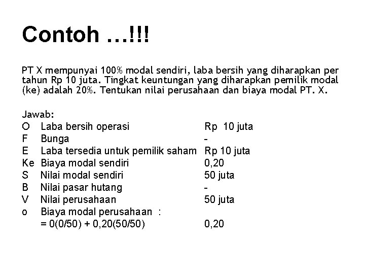 Contoh …!!! PT X mempunyai 100% modal sendiri, laba bersih yang diharapkan per tahun