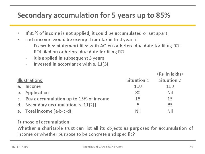 Secondary accumulation for 5 years up to 85% • • If 85% of income