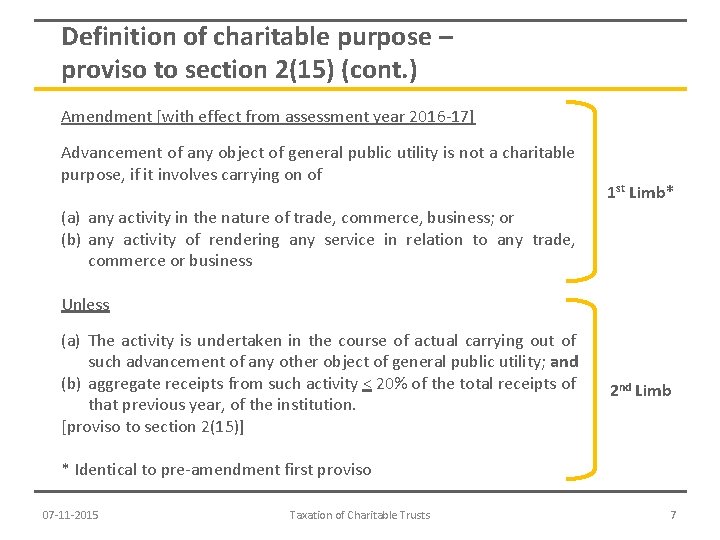 Definition of charitable purpose – proviso to section 2(15) (cont. ) Amendment [with effect