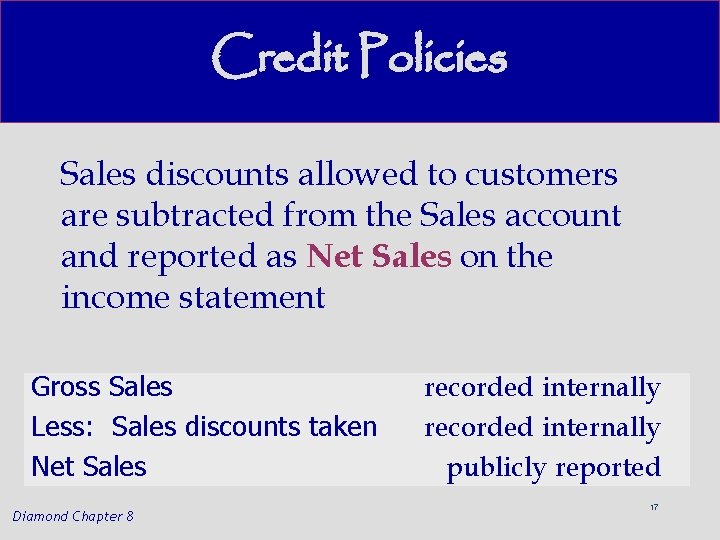 Credit Policies Sales discounts allowed to customers are subtracted from the Sales account and