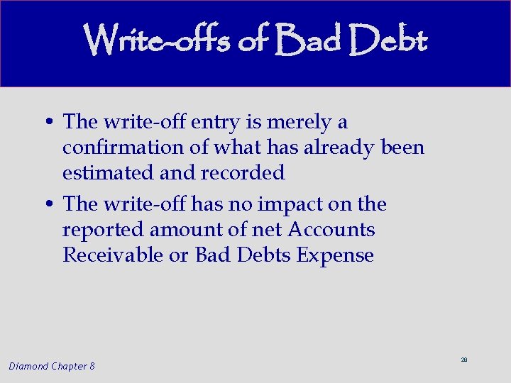Write-offs of Bad Debt • The write-off entry is merely a confirmation of what