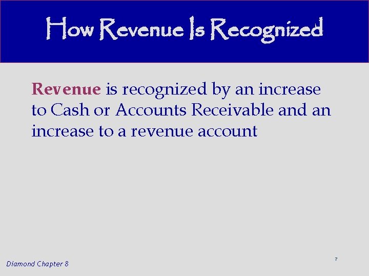 How Revenue Is Recognized Revenue is recognized by an increase to Cash or Accounts