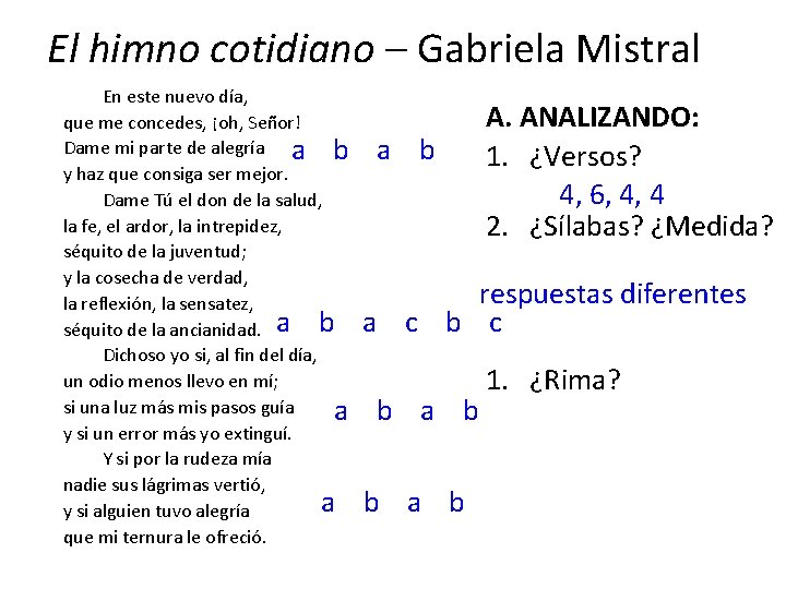 El himno cotidiano – Gabriela Mistral En este nuevo día, A. ANALIZANDO: que me