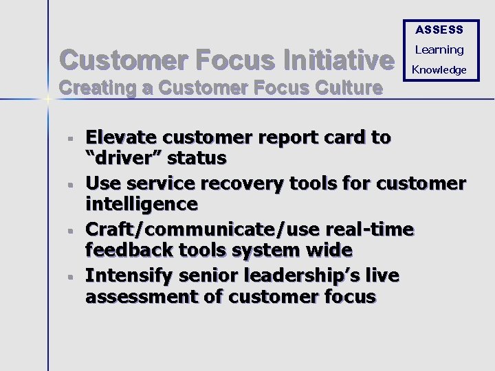 ASSESS Customer Focus Initiative Learning Knowledge Creating a Customer Focus Culture § § Elevate
