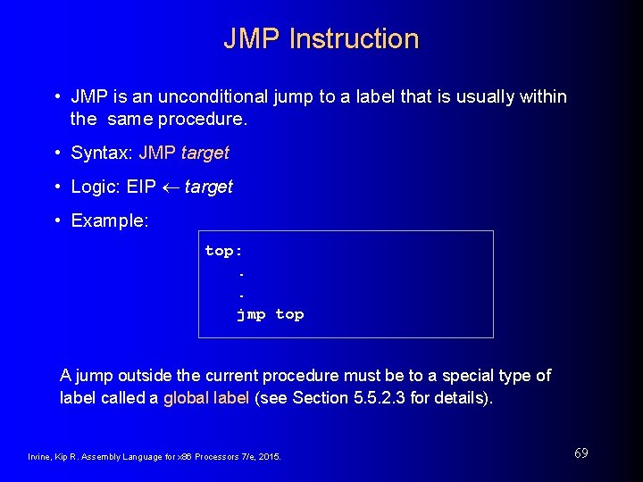 JMP Instruction • JMP is an unconditional jump to a label that is usually