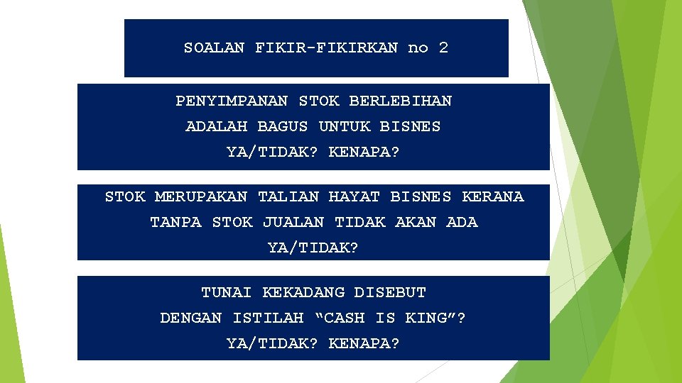 SOALAN FIKIR-FIKIRKAN no 2 PENYIMPANAN STOK BERLEBIHAN ADALAH BAGUS UNTUK BISNES YA/TIDAK? KENAPA? STOK