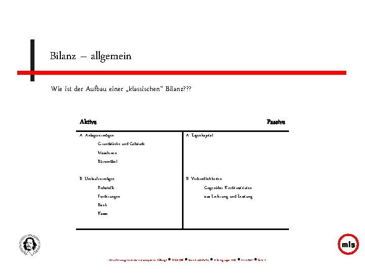 Bilanz – allgemein Wie ist der Aufbau einer „klassischen“ Bilanz? ? ? Aktiva Passiva