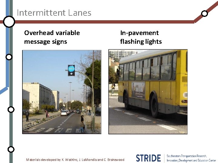 Intermittent Lanes Overhead variable message signs In-pavement flashing lights Materials developed by K. Watkins,