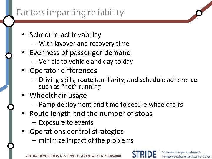 Factors impacting reliability • Schedule achievability – With layover and recovery time • Evenness