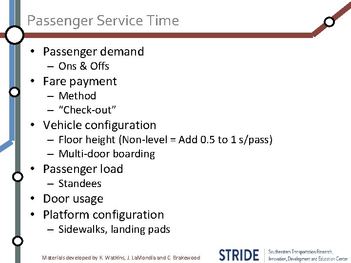 Passenger Service Time • Passenger demand – Ons & Offs • Fare payment –