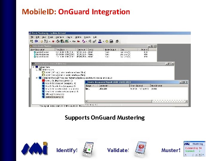 Mobile. ID: On. Guard Integration Supports On. Guard Mustering Identify! Validate! Muster! 