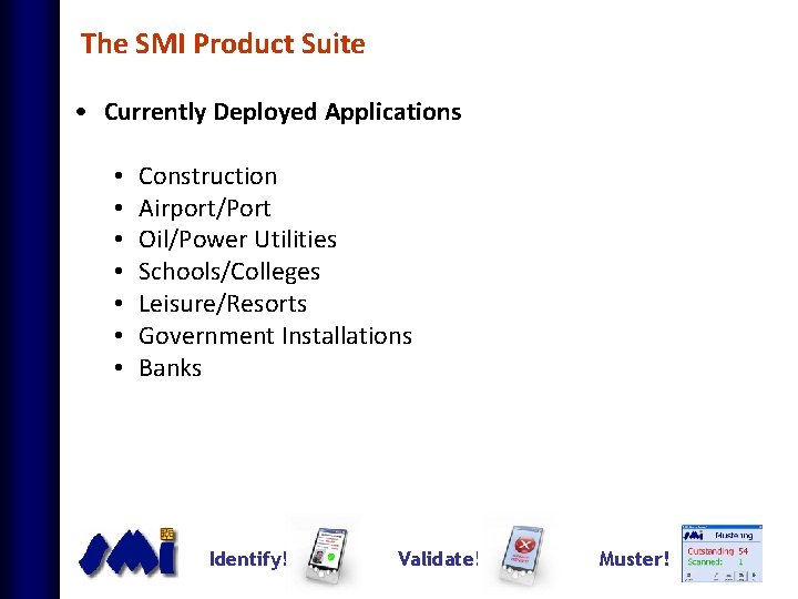 The SMI Product Suite • Currently Deployed Applications • • Construction Airport/Port Oil/Power Utilities