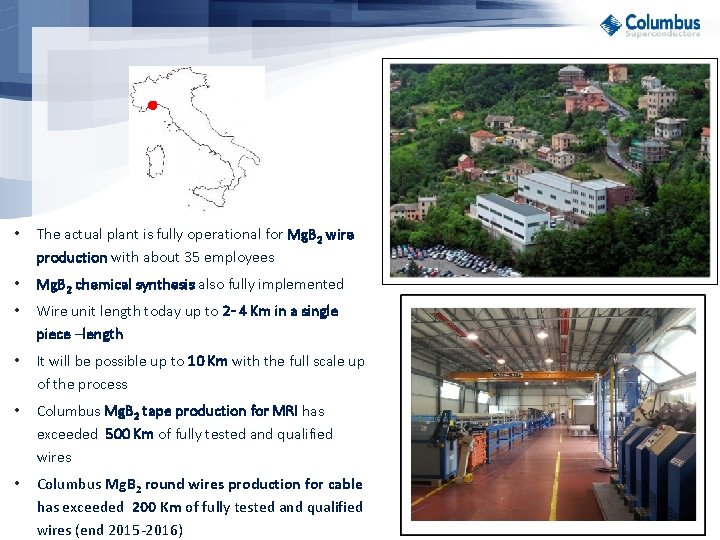 • The actual plant is fully operational for Mg. B 2 wire production