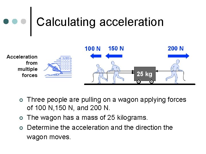 Calculating acceleration ¢ ¢ ¢ Three people are pulling on a wagon applying forces