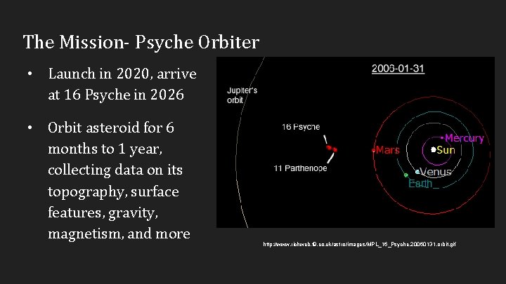 The Mission- Psyche Orbiter • Launch in 2020, arrive at 16 Psyche in 2026