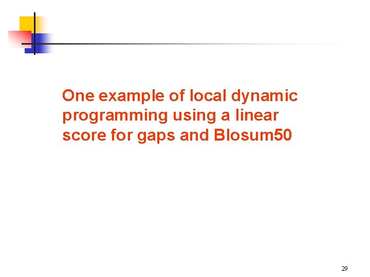 One example of local dynamic programming using a linear score for gaps and Blosum