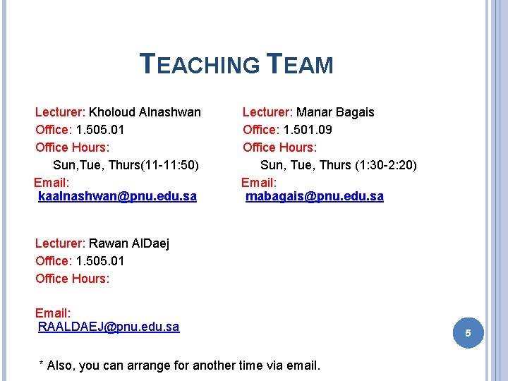 TEACHING TEAM Lecturer: Kholoud Alnashwan Office: 1. 505. 01 Office Hours: Sun, Tue, Thurs(11