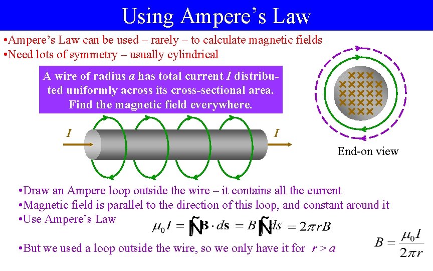 Using Ampere’s Law • Ampere’s Law can be used – rarely – to calculate