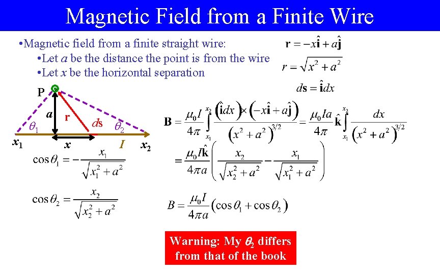 Magnetic Field from a Finite Wire • Magnetic field from a finite straight wire: