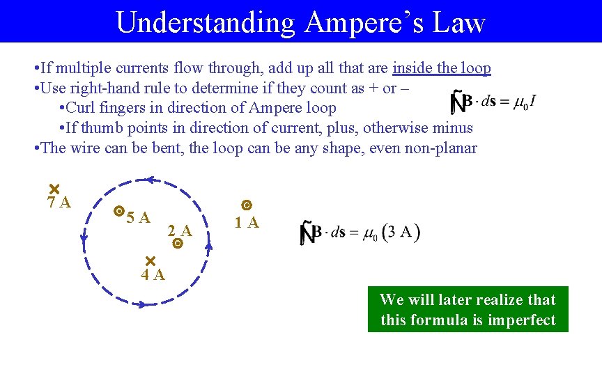 Understanding Ampere’s Law • If multiple currents flow through, add up all that are