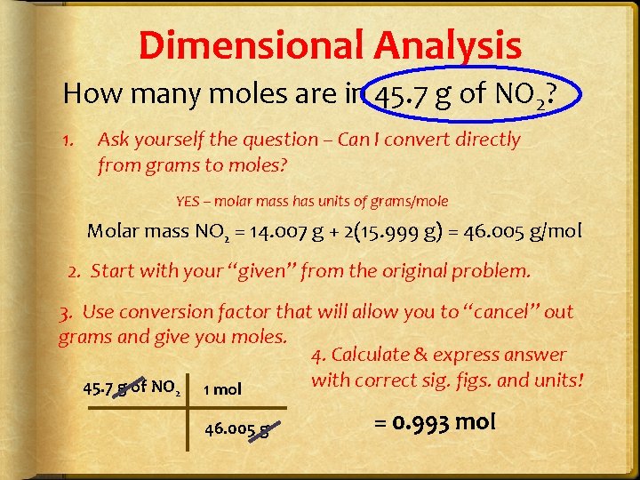Dimensional Analysis How many moles are in 45. 7 g of NO 2? 1.