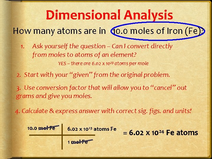 Dimensional Analysis How many atoms are in 10. 0 moles of Iron (Fe)? 1.