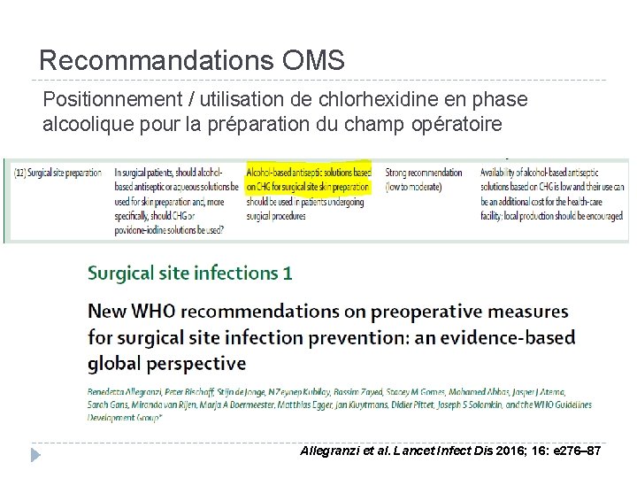 Recommandations OMS Positionnement / utilisation de chlorhexidine en phase alcoolique pour la préparation du