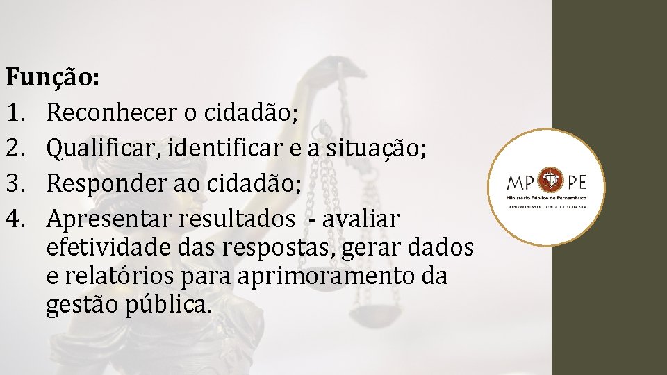 Função: 1. Reconhecer o cidadão; 2. Qualificar, identificar e a situação; 3. Responder ao